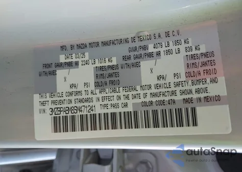 2025 Mazda Mazda3 2.5 S Select Sport из США, поврежденный, VIN 3MZBPABM8SM471241